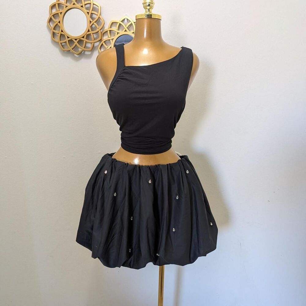 A-new-day Women's Black Embellished Rhinestone Bubble Mini Skirt